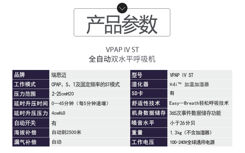 瑞思邁呼吸機(jī)VPAP IV ST 全自動(dòng)雙水平 有效治療慢阻肺/肺心病/呼吸功能不全  產(chǎn)品參數(shù)